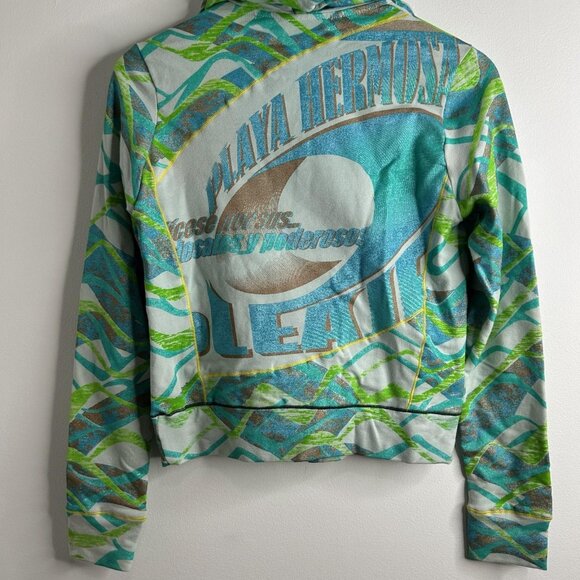 Custo Barcelona Hoodie Womens S/M Green Blue Full Zip Graphic Playa Hermosa Y2K - Picture 6 of 10